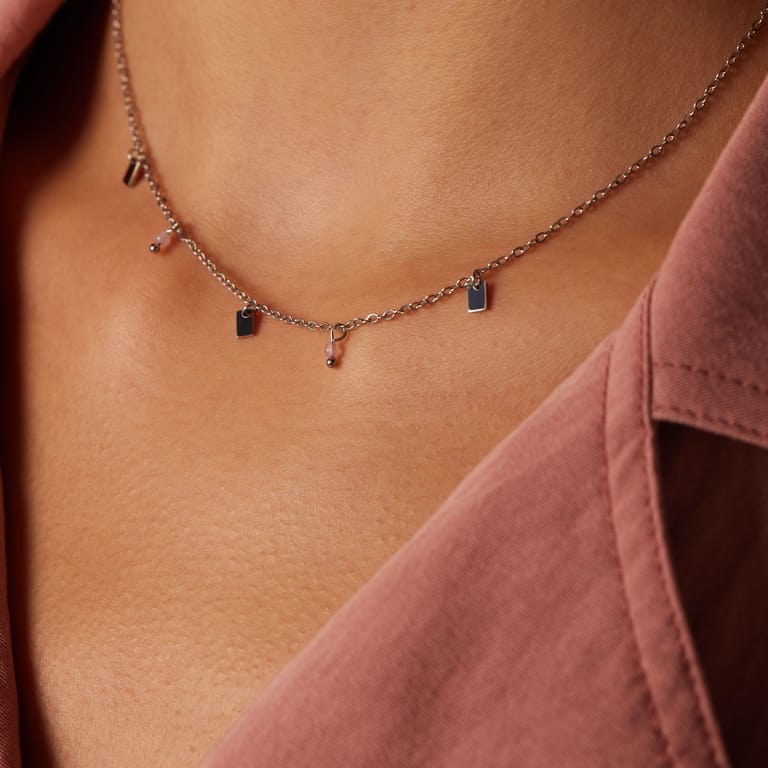 LuLu Jewels stalen ketting met rozenkwarts voor dames