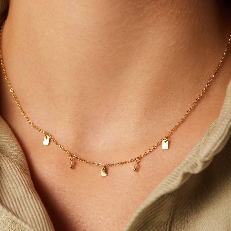 Stalen goldplated ketting met hanger met maansteen voor dames