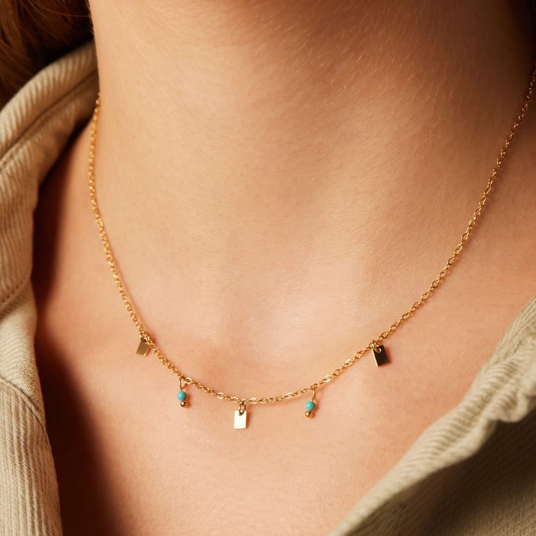 Stalen goldplated ketting met hanger met turquoise voor dames