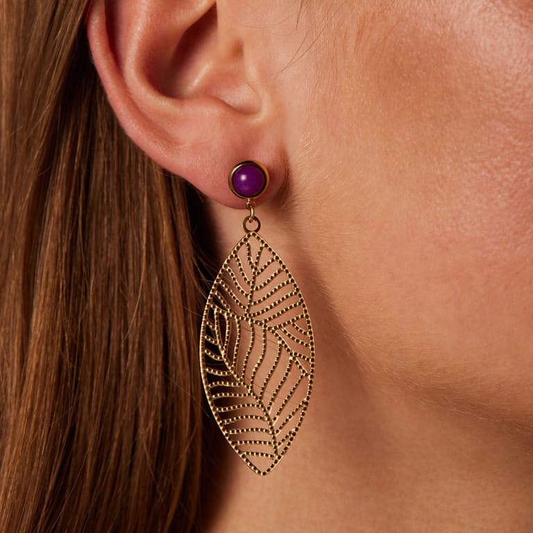Stainless steel goldplated oorhangers blad paars voor dames