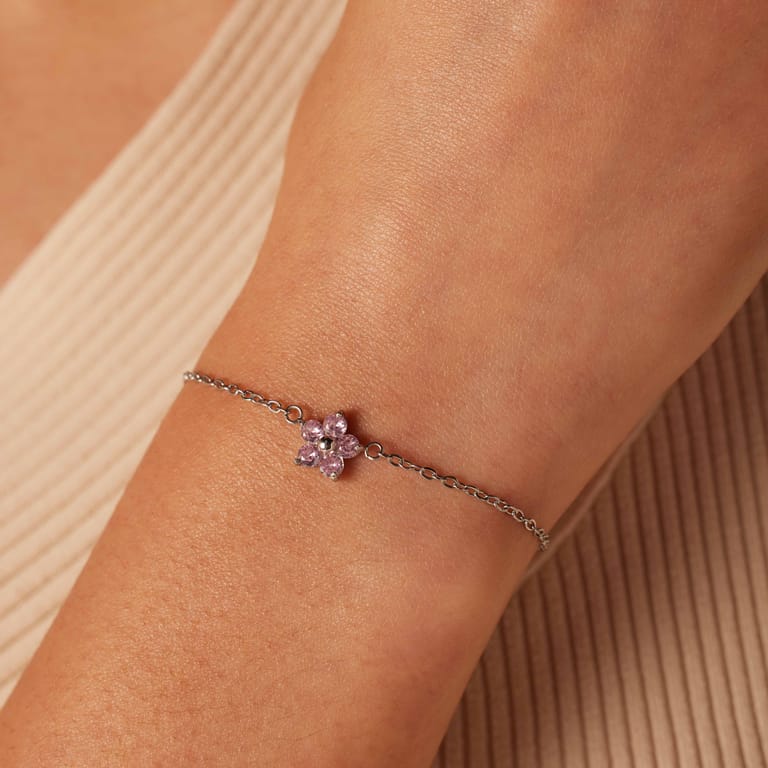 Stalen armband bloem met zirkonia lichtroze