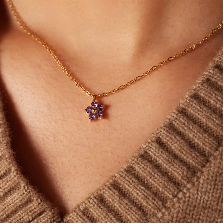 Stalen goldplated ketting met hanger bloem met zirkonia voor dames
