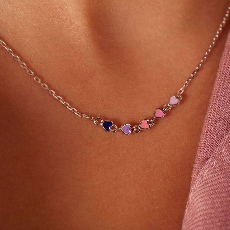 Halskette, 925 Silber, bunte Emaille-Herzen