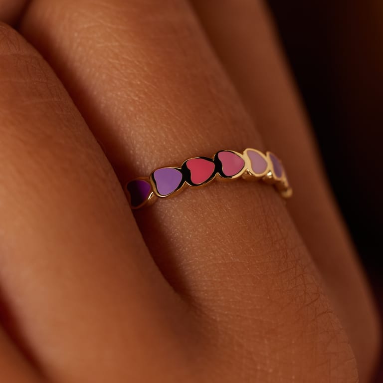 Ring, 925 Silber, vergoldet, bunte Emaille-Herzen