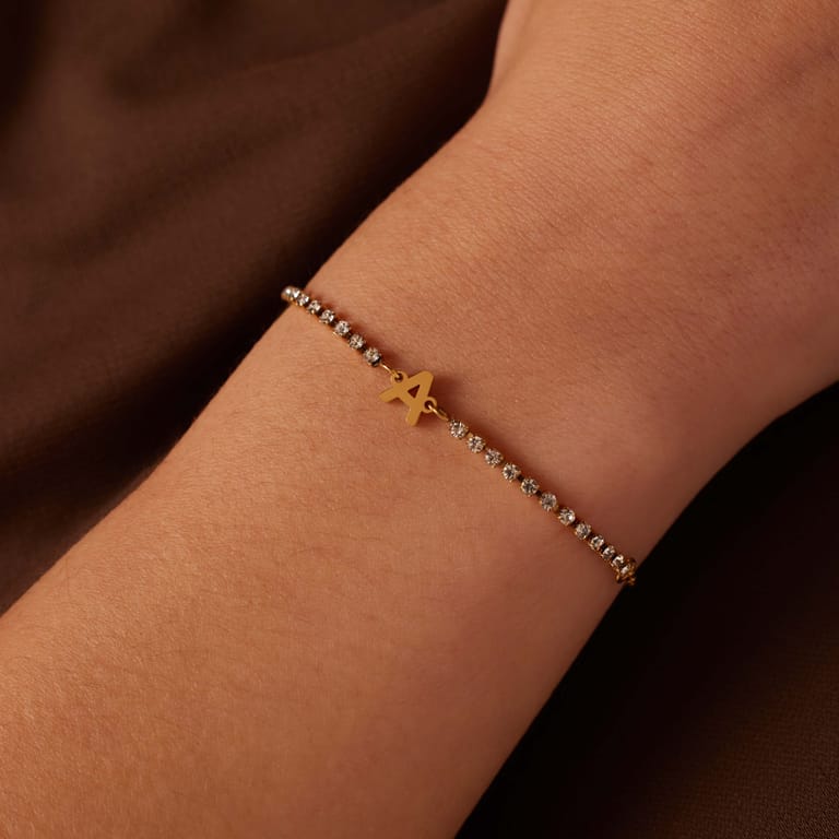 Tennisarmband aus Edelstahl, vergoldet, mit weißem kubischem Zirkonia, Buchstabe: A