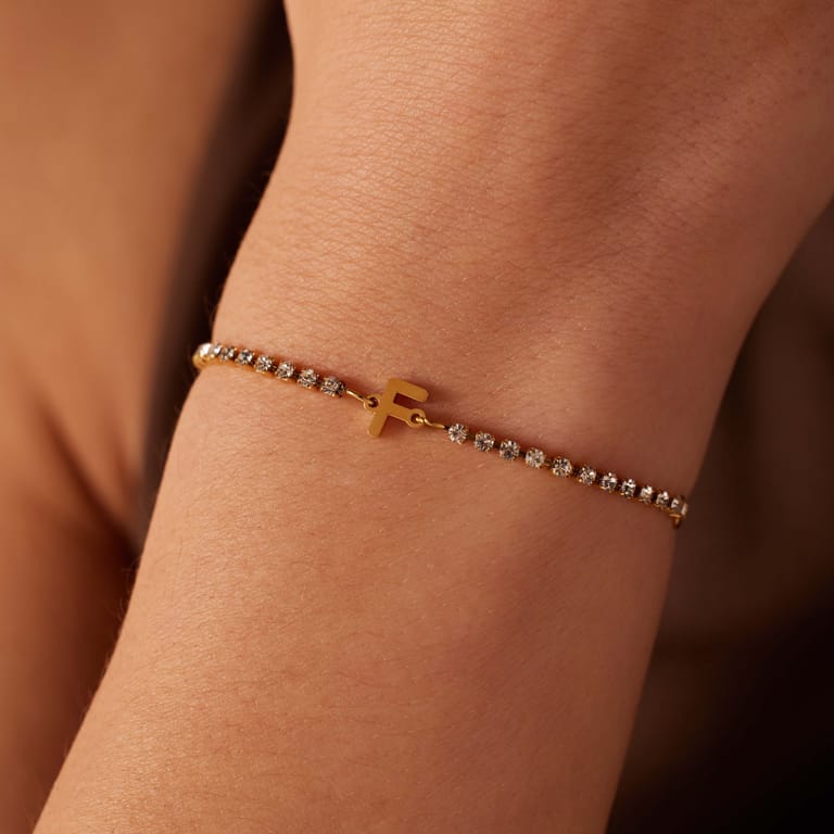 Tennisarmband aus Edelstahl, vergoldet, mit weißem kubischem Zirkonia, Buchstabe: F