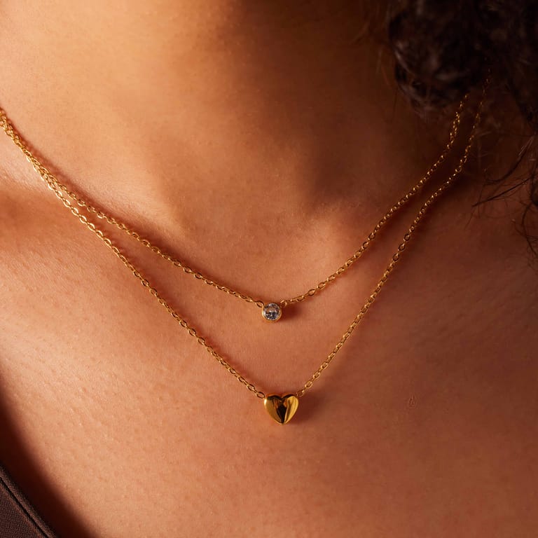 Stalen goldplated ketting met hanger hart met zirkonia voor dames