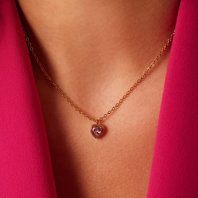 Stainless steel goldplated ketting met hanger hart met zirkonia voor dames