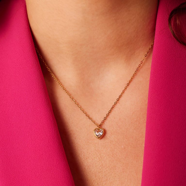 Stalen goldplated ketting met hanger hart met zirkonia voor dames