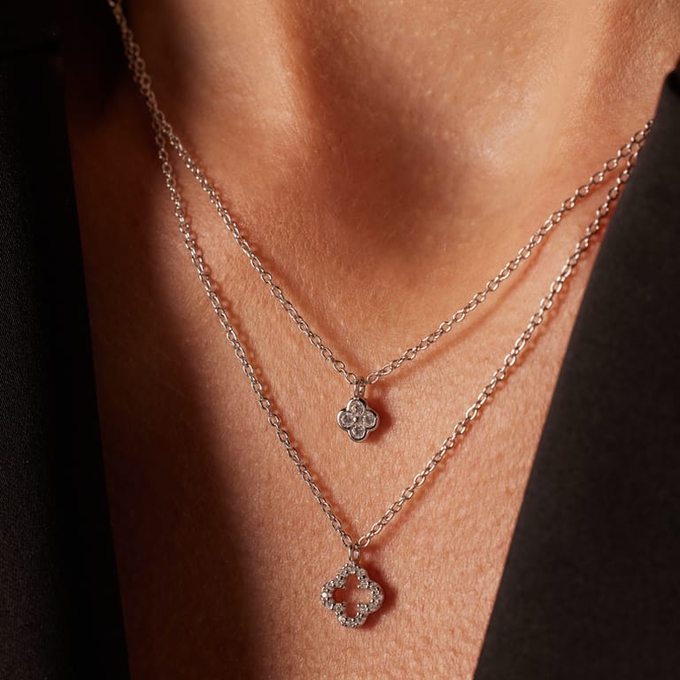 Zilveren ketting layering klaver zirkonia