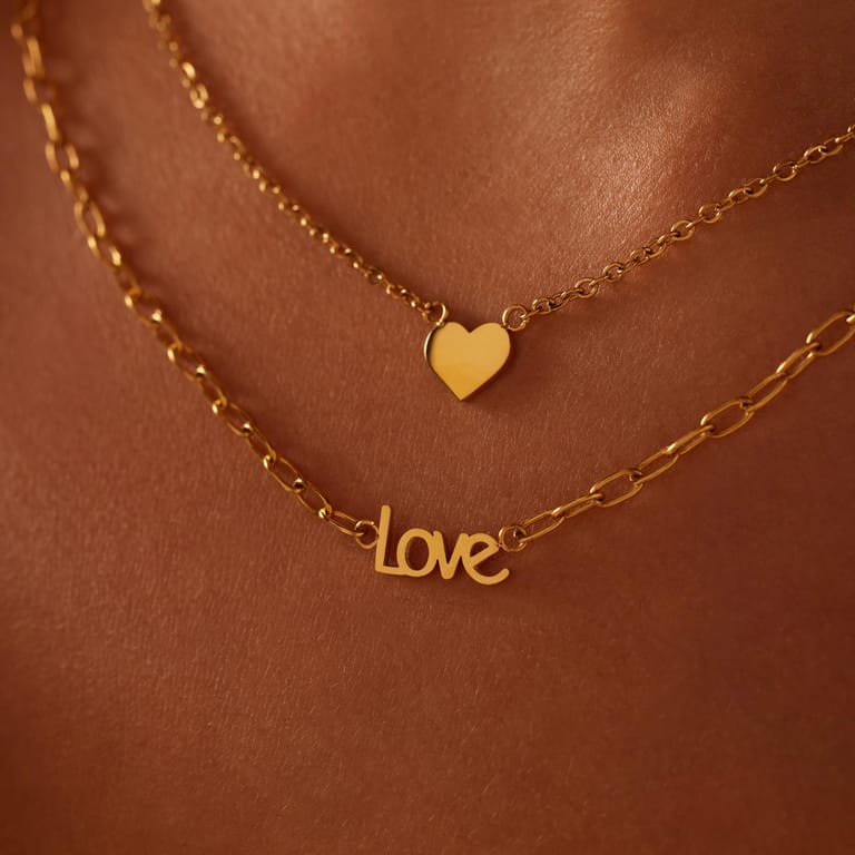 Stainless steel goldplated dubbele ketting met hanger hart en love voor dames