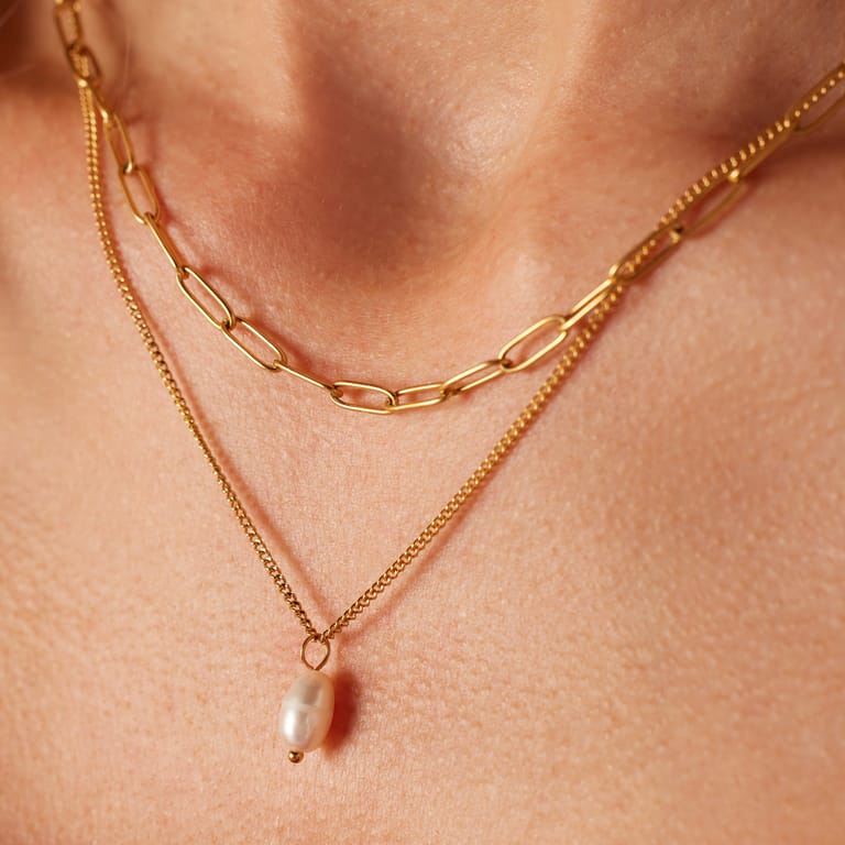 Stainless steel goldplated dubbele ketting met hanger met parel voor dames