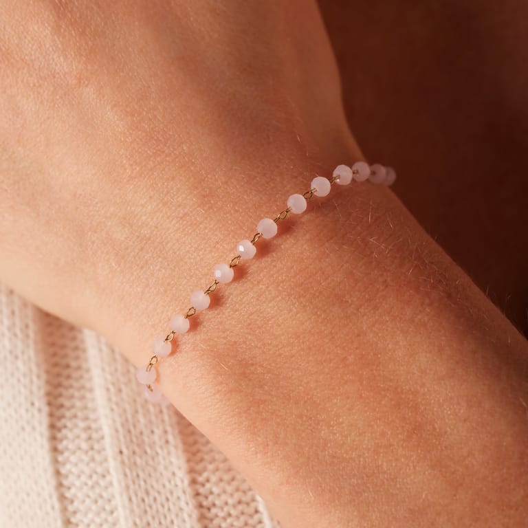Stalen goldplated fantasiearmband met rozenkwarts voor dames
