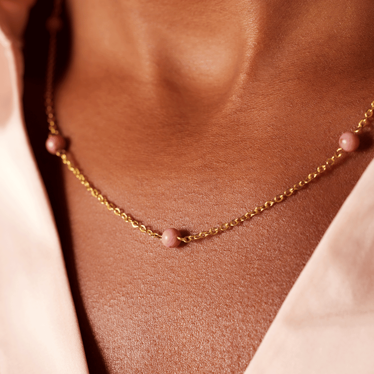 Stalen goldplated ketting met hanger rhodoniet voor dames