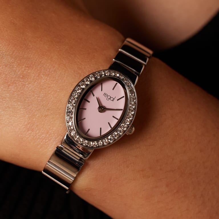 Regal dameshorloge roze wijzerplaat met steentjes