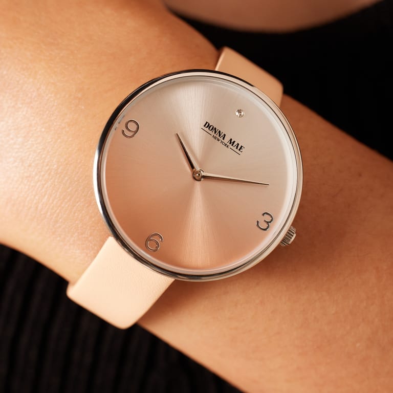 Donna Mae, Uhr mit Lederband, Pfirsich und Zirkonia