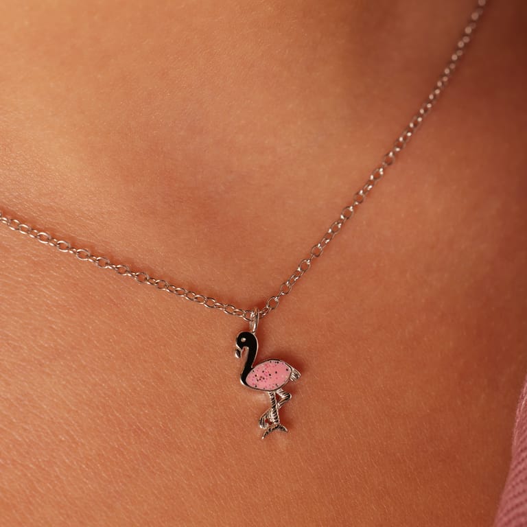 Halskette für Kinder aus 925er Silber, Flamingo, Emaille