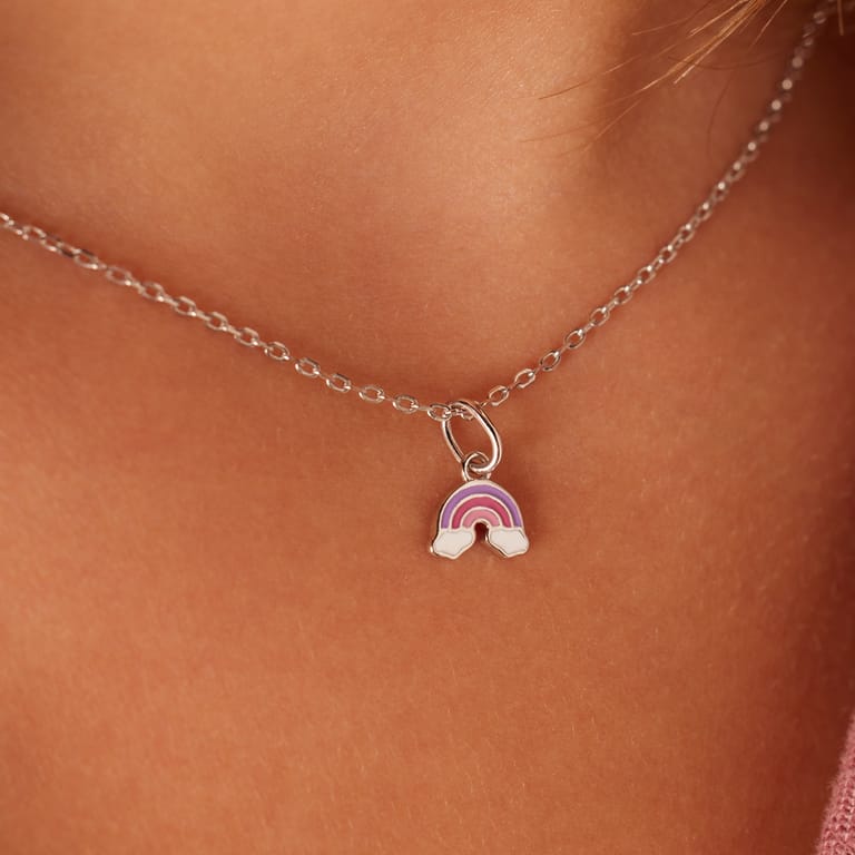 Zilveren set kinderketting en oorknoppen regenboog