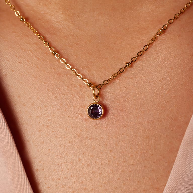 Stalen goldplated ketting met hanger geboortesteen Februari voor dames