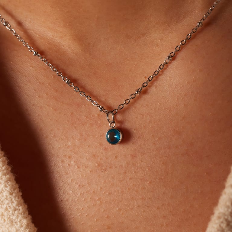 Stalen ketting met geboortesteen hanger Maart