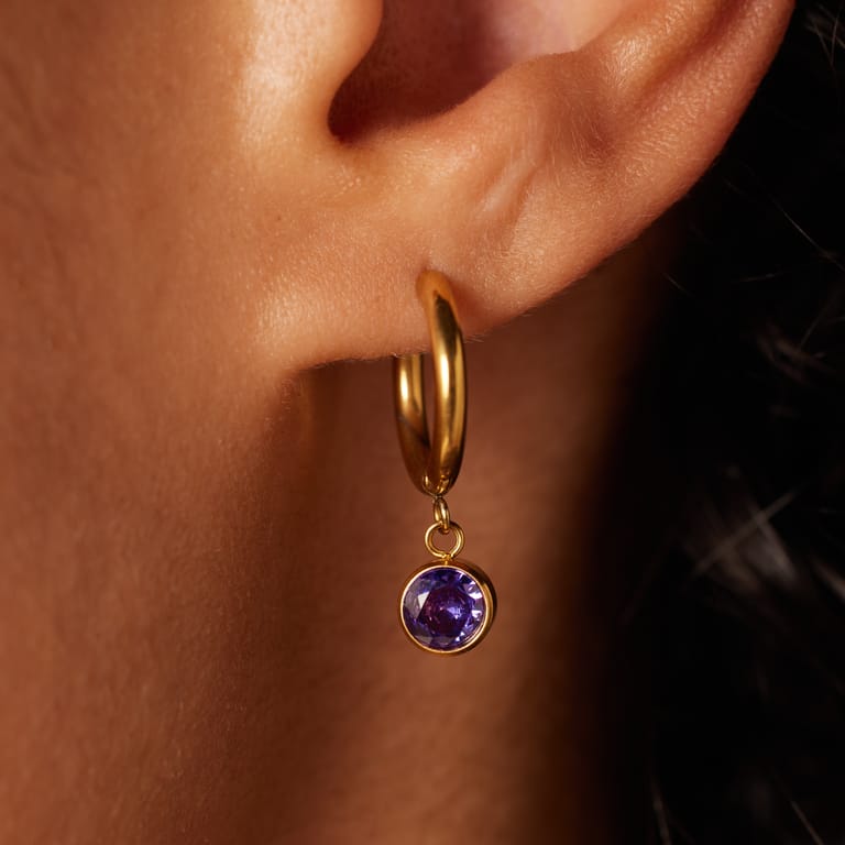 Stainless steel goldplated oorbellen geboortesteen februari