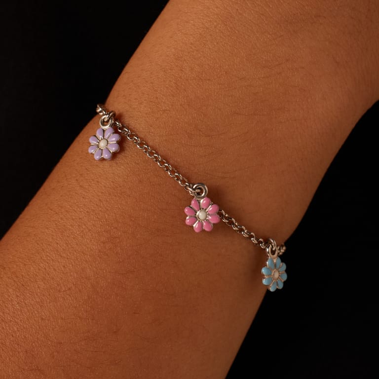 Armband für Kinder aus 925er Silber, Charm-Anhänger, Blume, Emaille