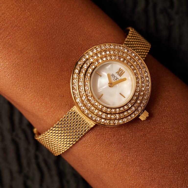 Regal Damen-Armbanduhr, goldfarben, dreireihiger Zirkoniabesatz