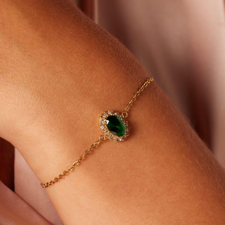 Stainless steel goldplated vintage armband met groen zirkonia