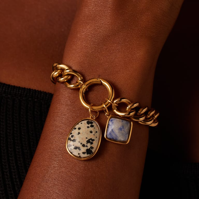 Stalen goldplated hanger met damatian jasper voor dames