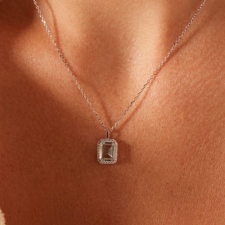 Zilveren ketting hanger rechthoek zirkonia blauw