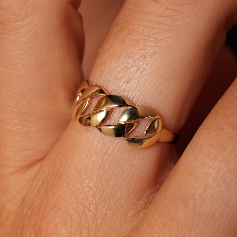 14 karaat geelgouden ring met gourmet schakel