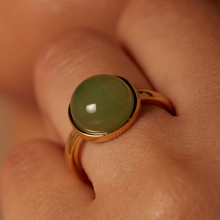 Stainless steel goldplated ring met groen aventurijn