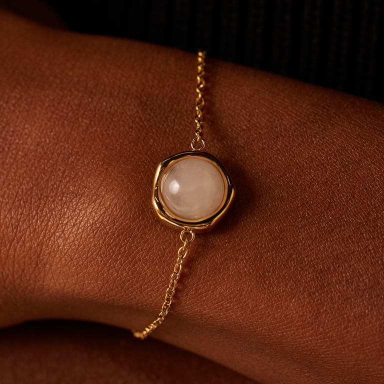 Stalen goldplated fantasiearmband met rozenkwarts voor dames