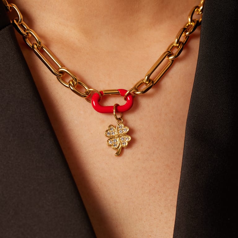 Stainless steel goldplated hanger met rood emaille voor dames