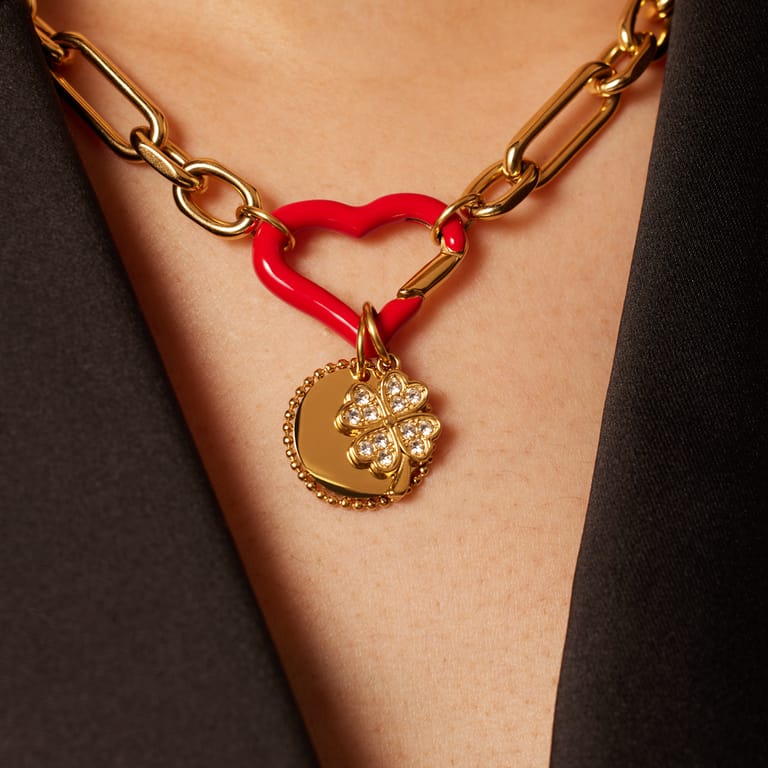 Stainless steel goldplated bedel sluiting hart rood emaille