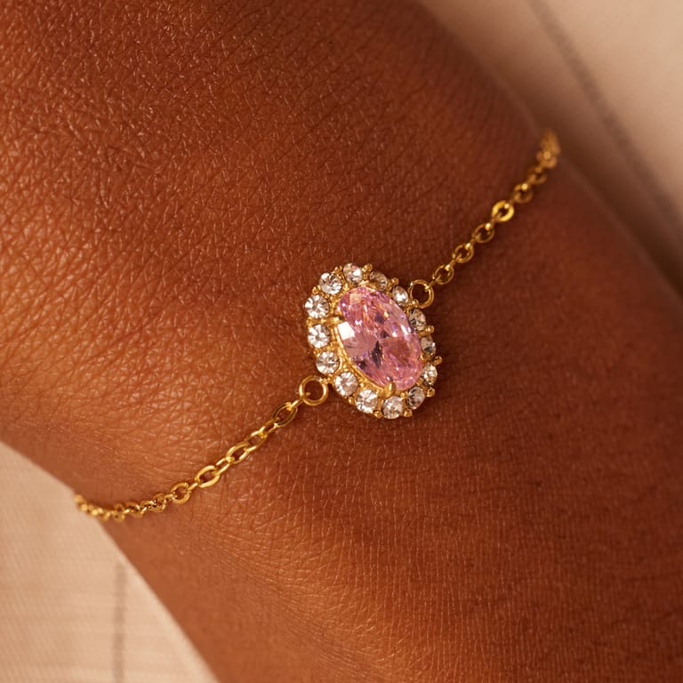 Stainless steel goldplated vintage armband met roze zirkonia