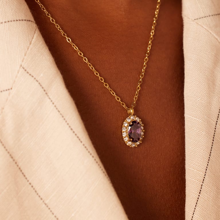 Stainless steel goldplated vintage ketting met paars zirkonia