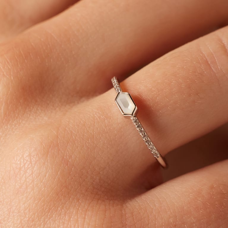 Ring aus 925er Silber, Perlmutt, Sechseck