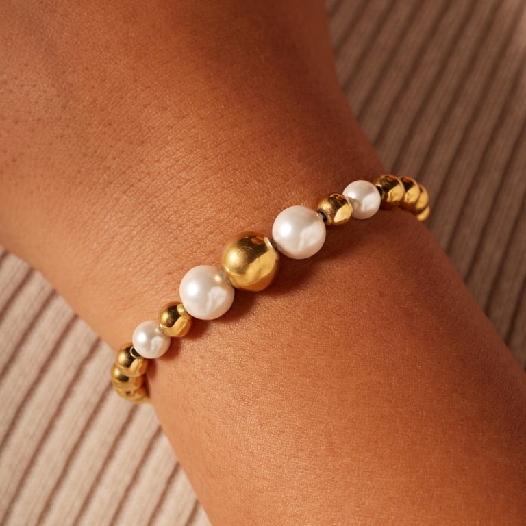 Stalen goldplated kralenarmband met parel voor dames