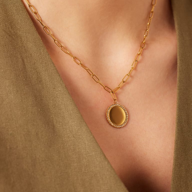 Stalen goldplated ketting met hanger graveerplaatje met kristal voor dames