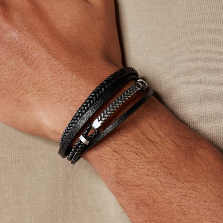 Stainless steel herenarmband gevlochten leer zwart