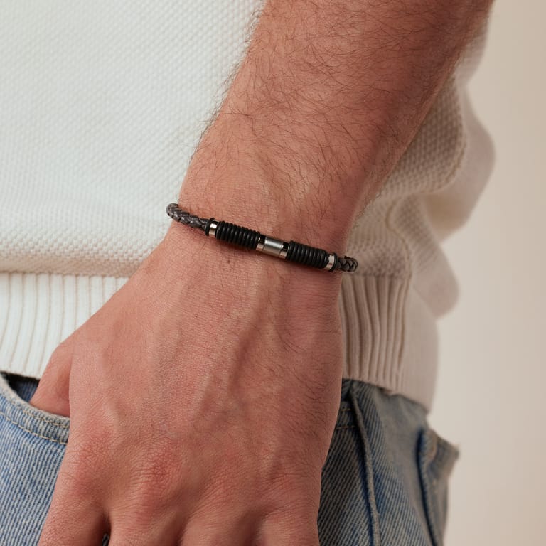 Edelstahl Herrenarmband, geflochtenes schwarzes Leder