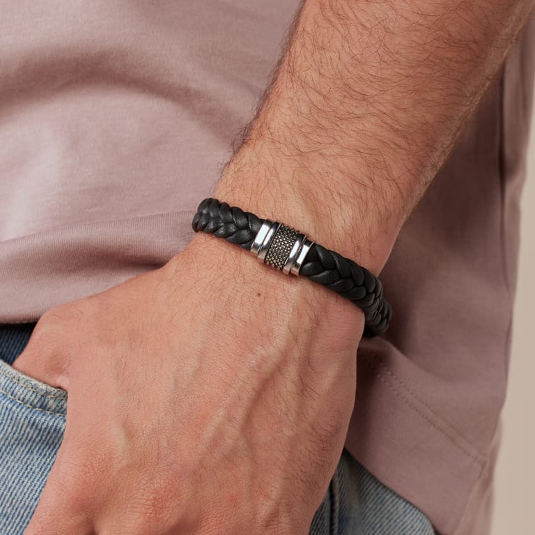 Edelstahl Herrenarmband geflochtenes schwarzes Leder