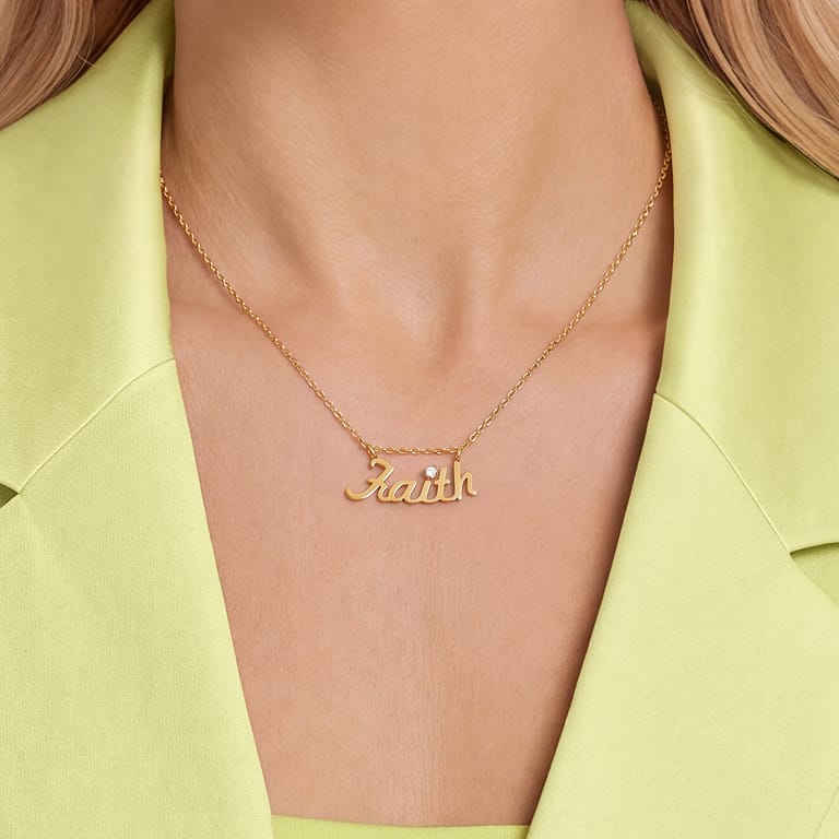 Stainless steel goldplated ketting met letterhanger Faith met zirkonia voor dames