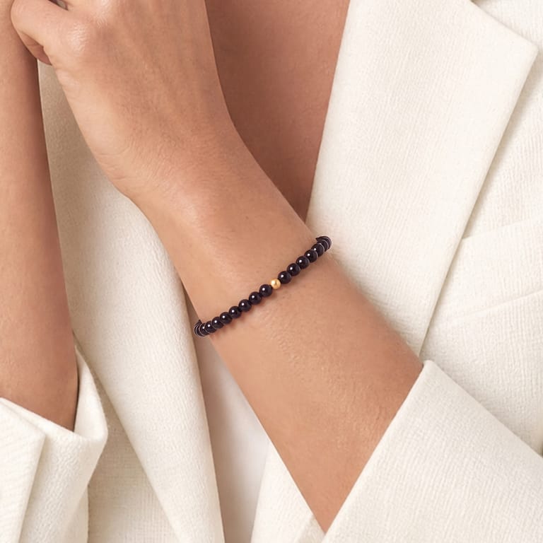 Edelstahl goldbeschichtetes Perlenarmband mit schwarzem Onyx für Damen