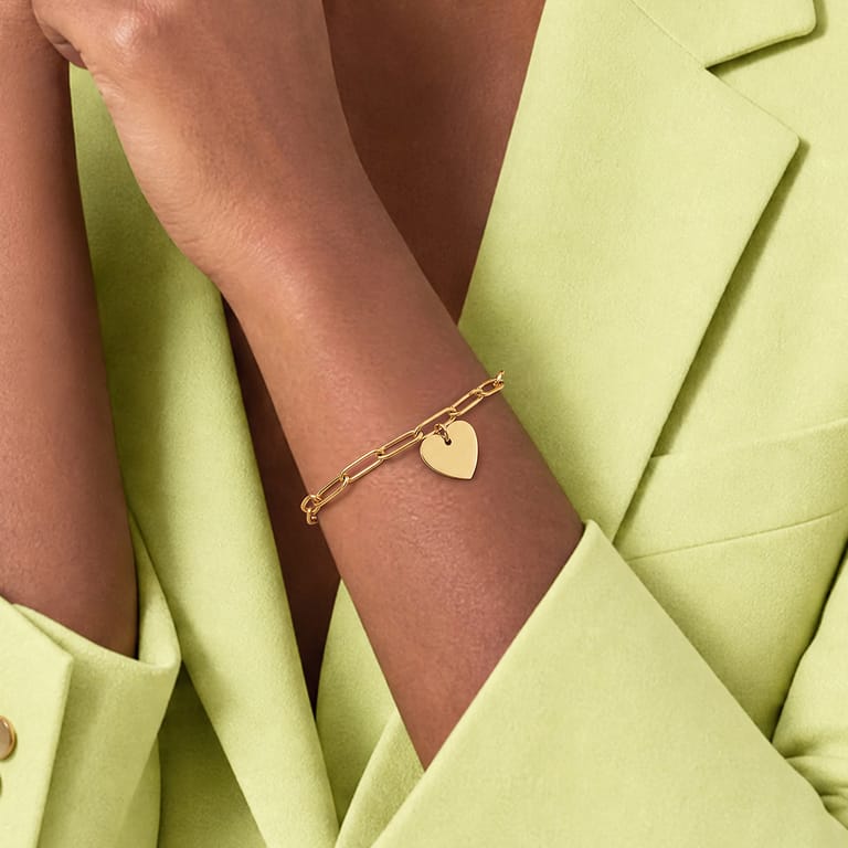 Stainless steel goldplated papercliparmband met plaathanger hart