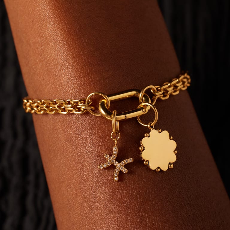 Stainless steel goldplated bedel armband platte schakel dubbel