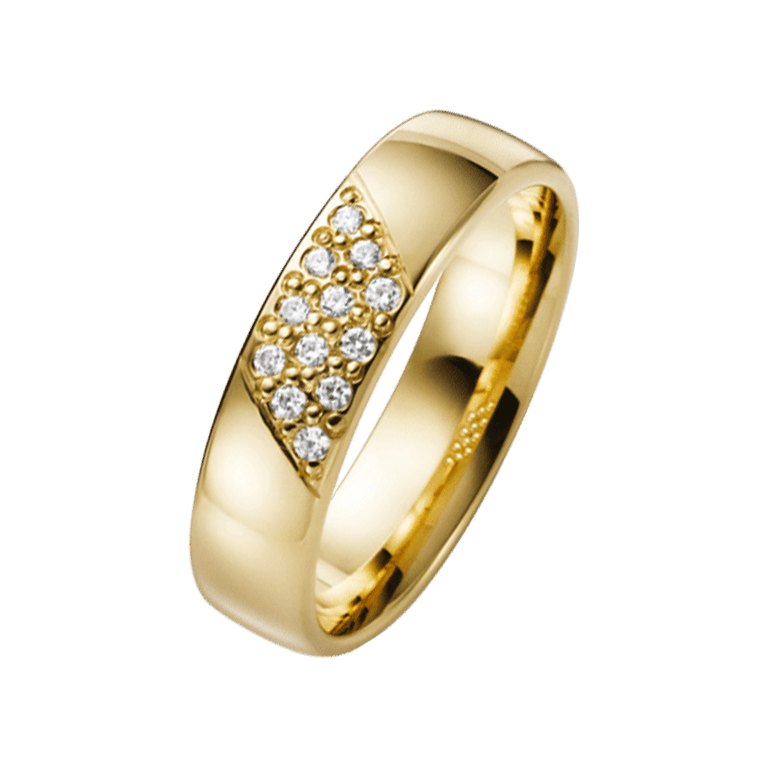 Pfingstrose, gelbgoldener Trauring mit Diamant, 14 Karat, H75