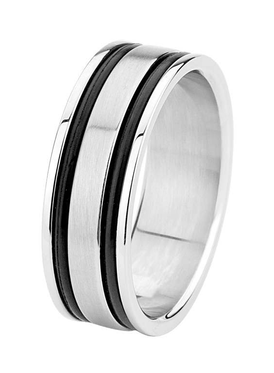 Gerecycled stainless steel herenring met zwarte accenten