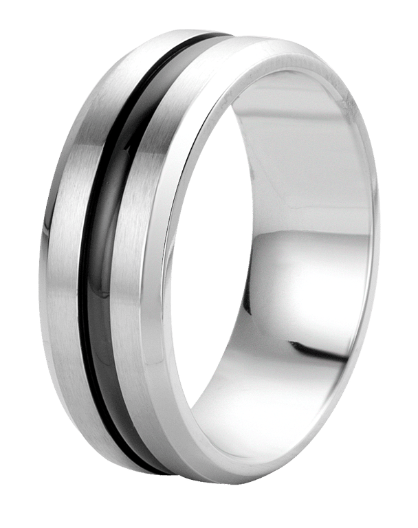 Gerecycleerd stainless steel herenring met zwarte band